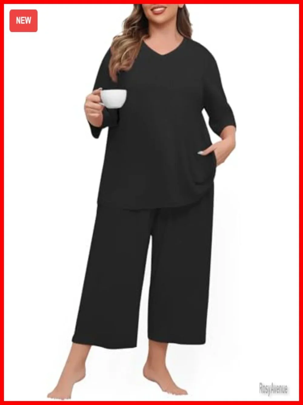 Plus Size Pajama Set 2 Piece V Neck Capri Pants Loungewear Pockets Soft Knit